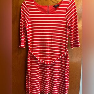 Banana Republic Red/White Stripe 3/4 Sleeve Belted Dress